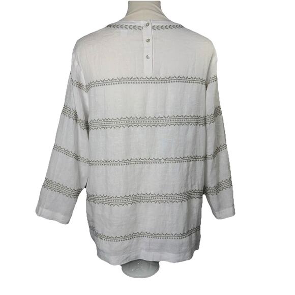 J. Jill Love Linen Med Top Blouse White Embroidered Stripe 3 QTR Balloon Sleeve - Picture 2 of 8